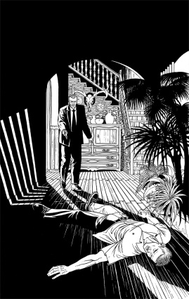 Versión a tinta de portada para la novela negra de Andreu Martín dentro de la serie sobre la detective privado Sonia Ruiz, la imagen muestra a una agente del CNI tras disparar a su compañero que ha muerto