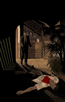 Ilustración de portada para la novela negra de Andreu Martín dentro de la serie sobre la detective privado Sonia Ruiz, la imagen muestra a una agente del CNI tras disparar a su compañero que ha muerto