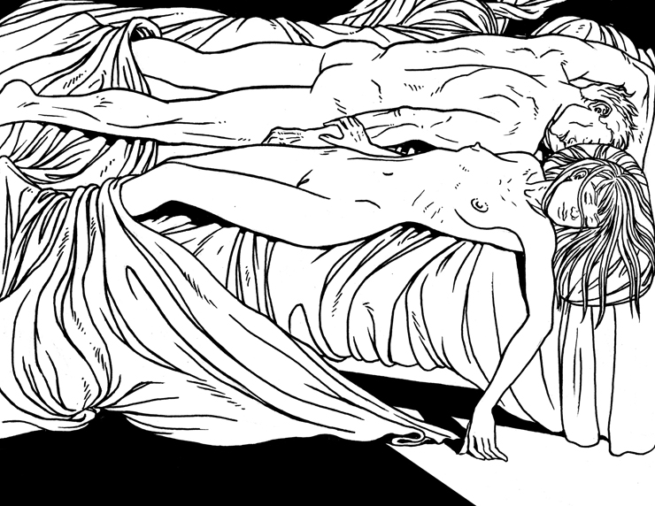 Ilustración para novela Índigo Mar de Ignacio del Valle que muestra a una pareja desnuda en la cama tras haber practicado sexo