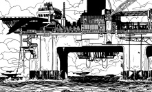Ilustración para la novela Índigo Mar de Ignacio del Valle que muestra una plataforma petrolífera abandonada